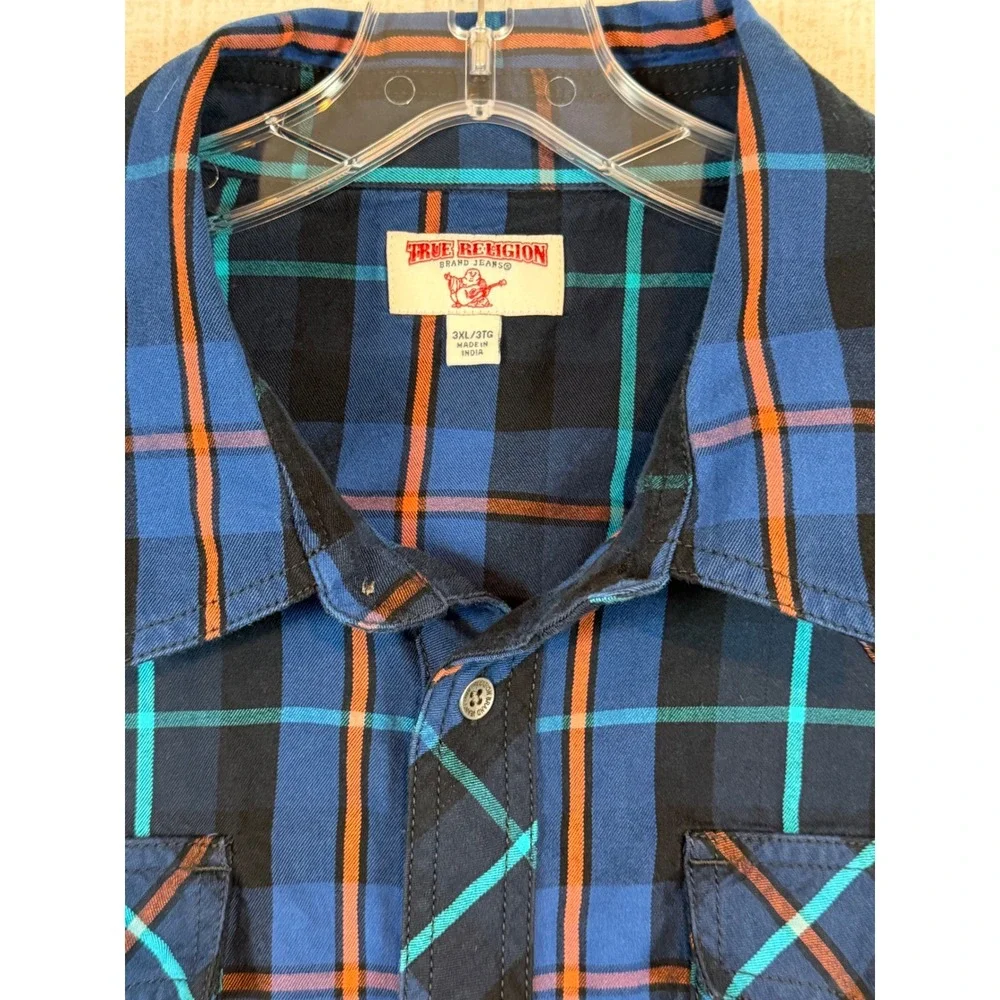 True Religion Mens 3XL Blue Orange Plaid Western Button Down Horseshoe Shirt Y2K
